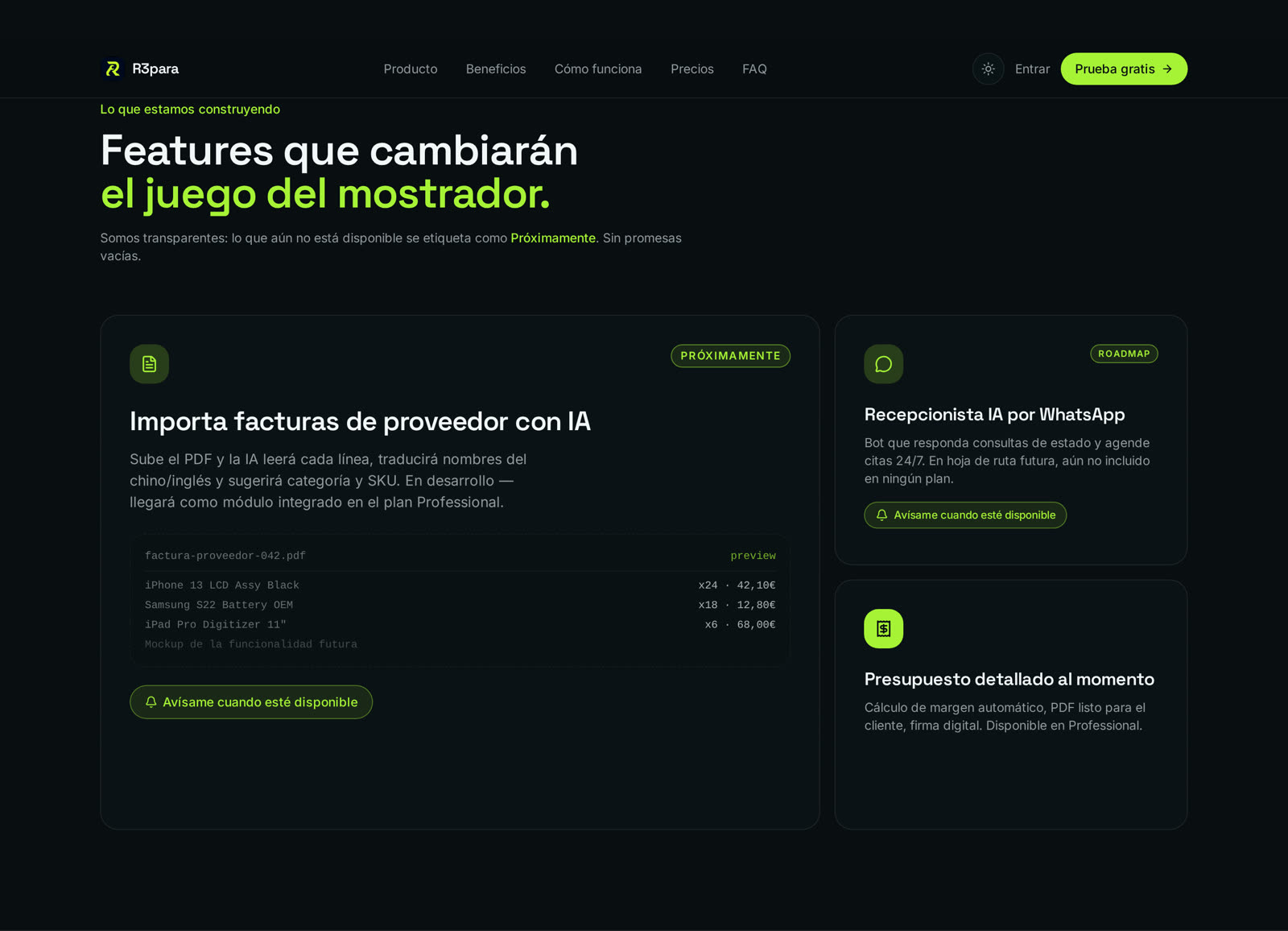 Bloque de funcionalidades de R3para: tickets, inventario, presupuestos y reportes