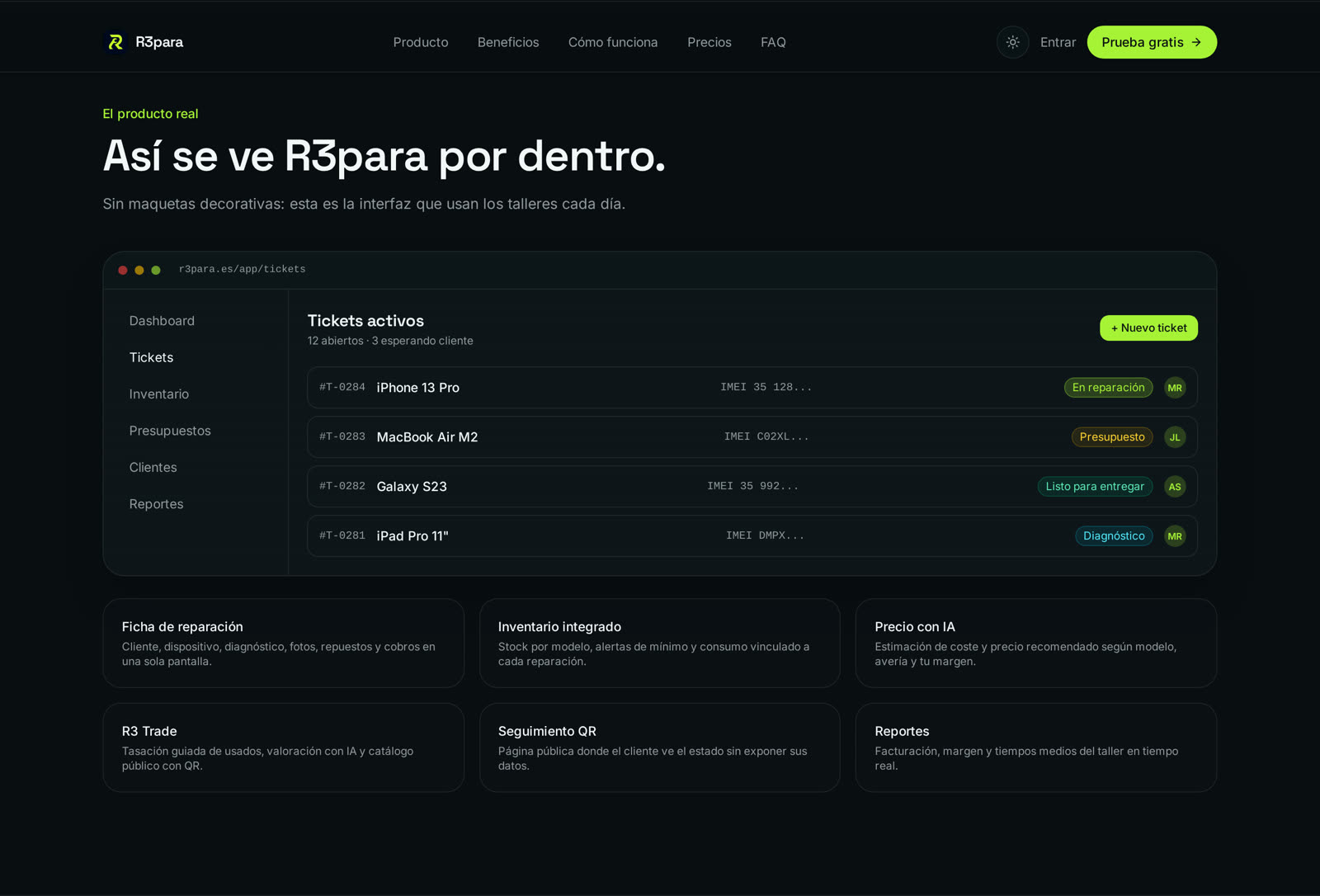 Tablero de tickets de reparación organizado por estado